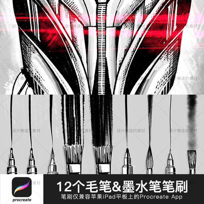 Procreate笔刷 12个手绘水笔水墨笔触毛笔画笔iPad大师级画板笔刷