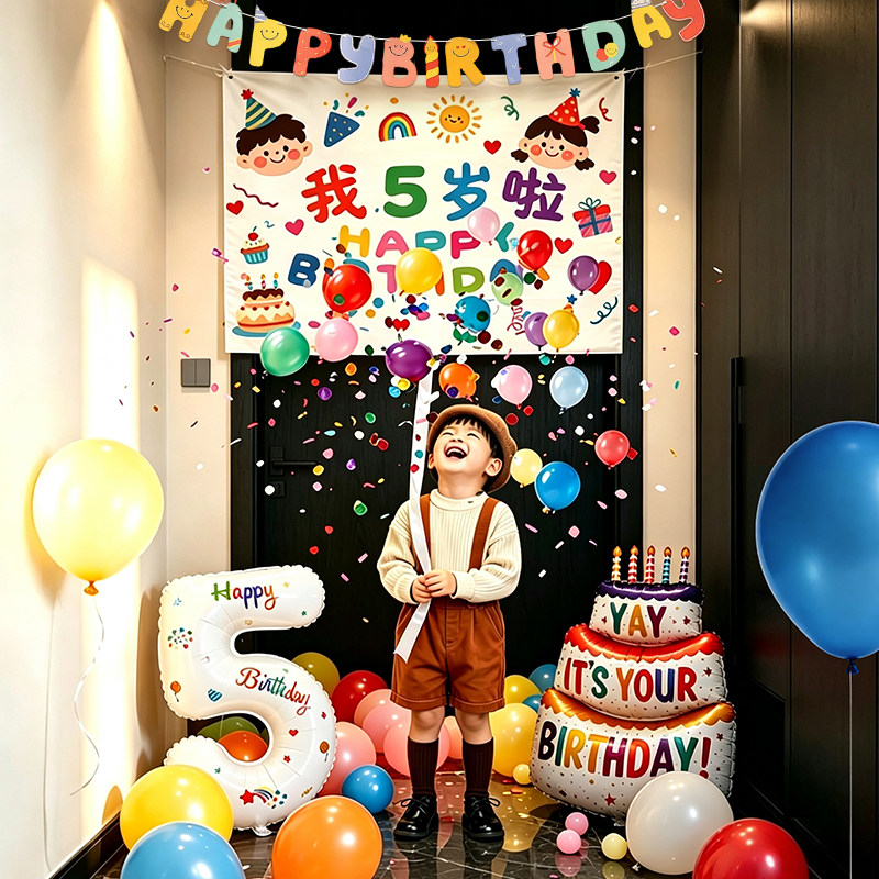 生日布置场景装饰快乐仪式感小女孩男宝2岁儿童5周宴1数字气球雨