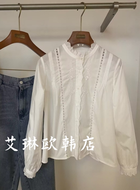 1.17~onetwo15317春款韩系木耳边立领拼接花朵刺绣镂空气质衬衫女