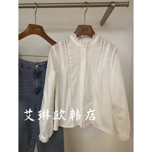 女 韩系木耳边立领拼接花朵刺绣镂空气质衬衫 1.17 onetwo15317春款