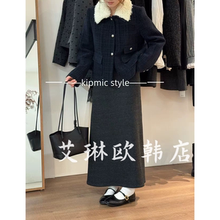 onetwo09287冬款松紧高腰简约休闲显瘦百搭加绒毛呢半身裙女