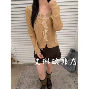 X.XIU新袖26731秋款韩系蕾丝荷叶边V领镂空长袖针织衫毛衣女