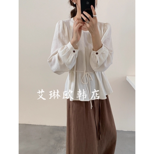 福利土布鱼6988秋季新款圆领系带收腰天丝亚麻百搭衬衫上衣女