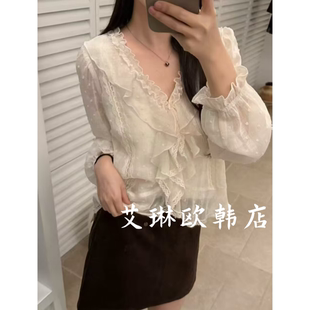 新袖 26707秋款V领荷叶边轻薄长袖衬衫女法式小衫点点上衣