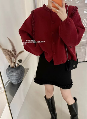 禁止机洗~6689冬欧货韩系甜美木耳花边兔毛绵羊毛针织开衫毛衣女