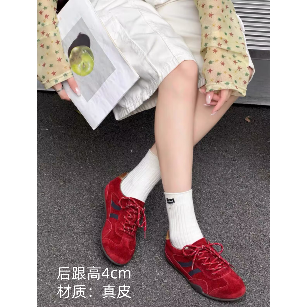 387-1复古真皮德训鞋女秋季新款磨砂皮软底板鞋运动系带休闲潮鞋