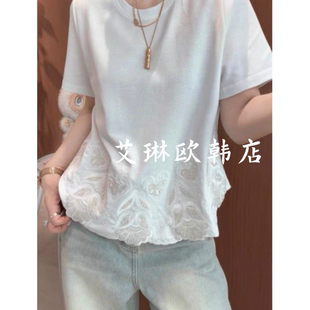 3.4 新款 圆领下摆花朵刺绣花边短袖 百搭T恤显瘦上衣女 K73329春装