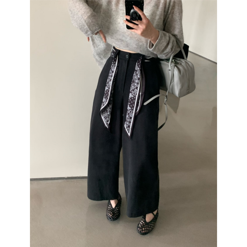 10513丝巾腰带高腰阔腿休闲裤