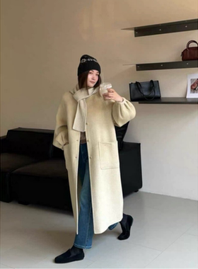 11.2~3878冬款可拆卸针织帽长款100羊毛灯笼袖双面羊绒大衣外套女