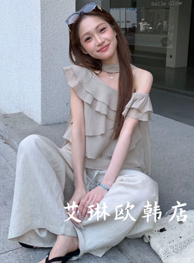 4.18~X.XIU新袖26053夏配飘带韩系甜美风不规则斜肩荷叶边衬衫女