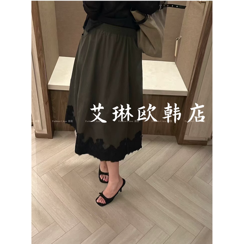802松紧腰蕾丝拼接中长款半身裙