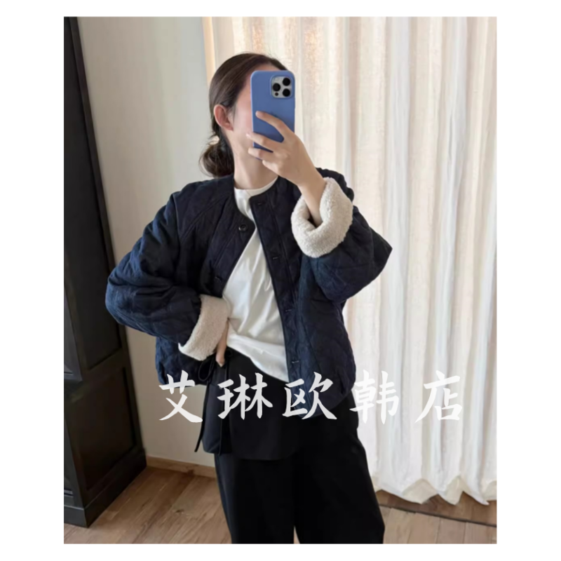 9067菱格牛仔拼接羊羔毛棉服外套
