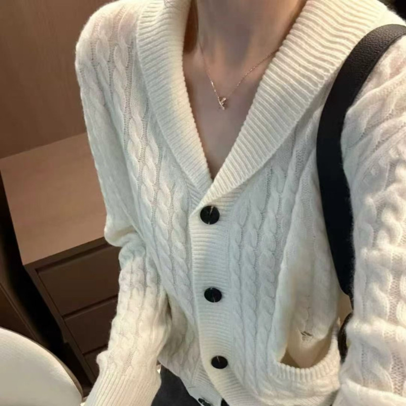 福利不退A21冬季欧货韩系翻领麻花单排扣兔毛绵羊毛针织开衫毛衣