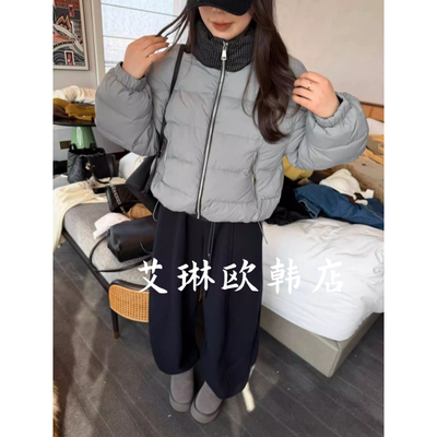 福利不退李允珍liyunzhen8321冬撞色格子立领90白鸭绒短款羽绒服