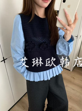 福利X,XIU新袖89161秋款韩系重工立体花朵针织马甲衬衫两件套女