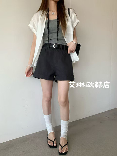 top79080显瘦夏日神裤 韩高腰A版显瘦宽松卷边休闲阔腿百搭热裤