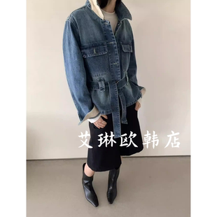 休闲百搭翻领系带收腰单排扣牛仔短外套女 新款 3.1 TOP6781春装