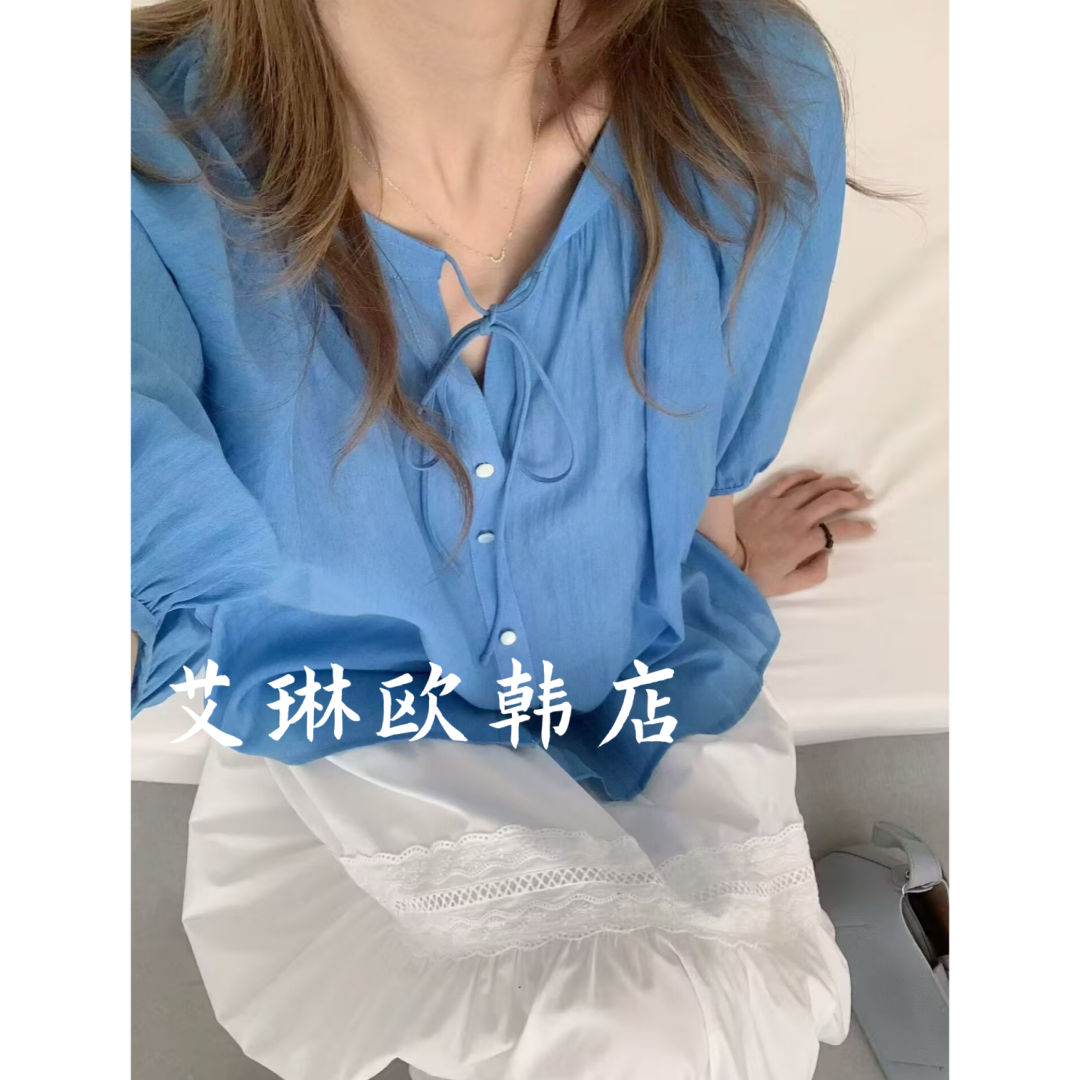 3.30~土布鱼7797夏季新款韩系剪刀领系带单排扣七分袖衬衫上衣女