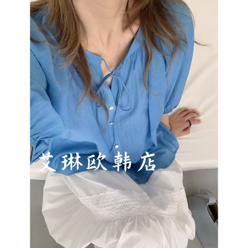 土布鱼7797夏款剪刀领系带衬衫女