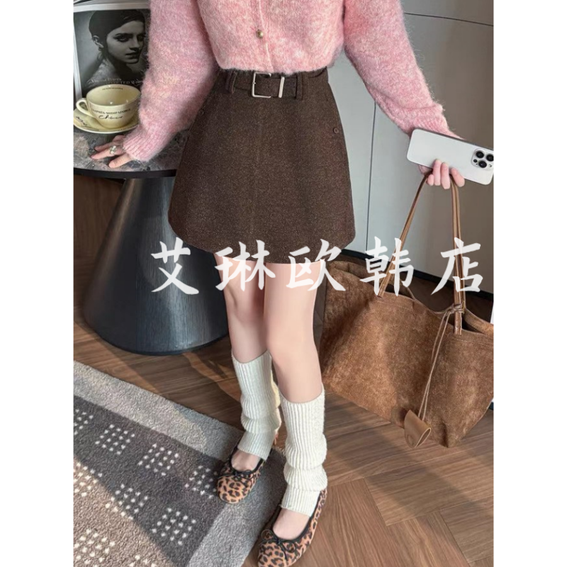 7178欧货配腰带毛呢半身裙短裙