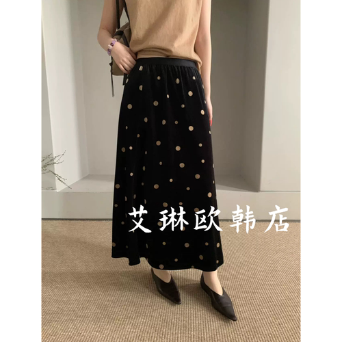 MM773松紧腰波点丝绒半身裙
