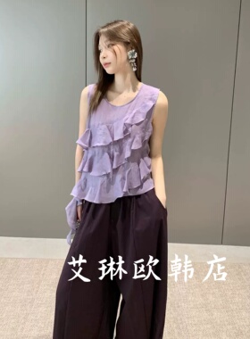 4.26~卡蔓enxi20935夏装新款韩系荷叶边圆领苎麻无袖衬衫女