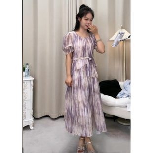 福利不退56051夏季 系带印花连衣裙女 甜美竖纹渲染扎染短袖 中长款
