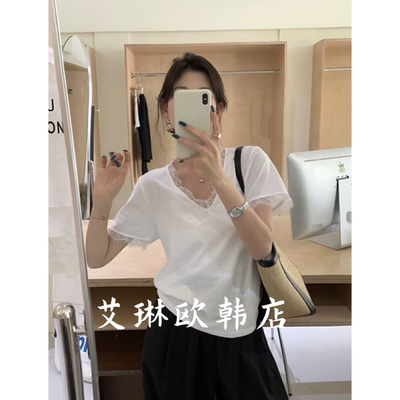 9989欧货夏款V领蕾丝短袖T恤女