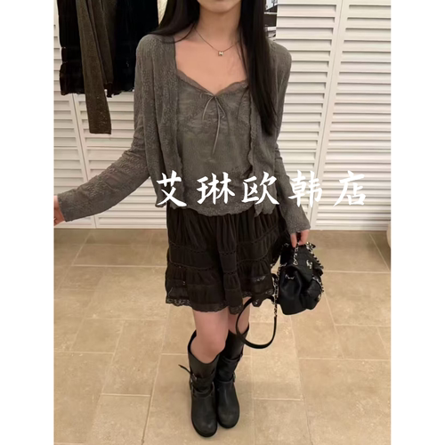 553松紧腰蕾丝拼接丝绒半身裙