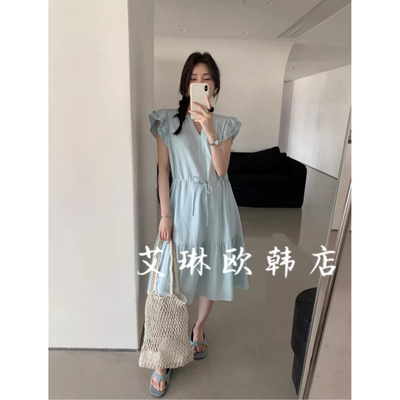 福利浅之夏QZX10233夏装韩系木耳边飞飞袖V领抽绳收腰连衣裙