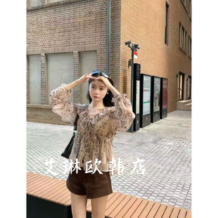 新袖X.XIU26691秋款V领甜美荷叶边系带长袖豹纹衬衫雪纺衫上衣女