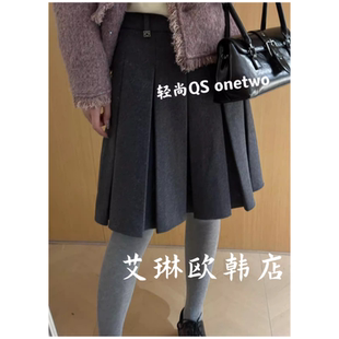 12.17~onetwo09336冬款高腰显瘦学院风羊毛呢百褶裙半身裙女
