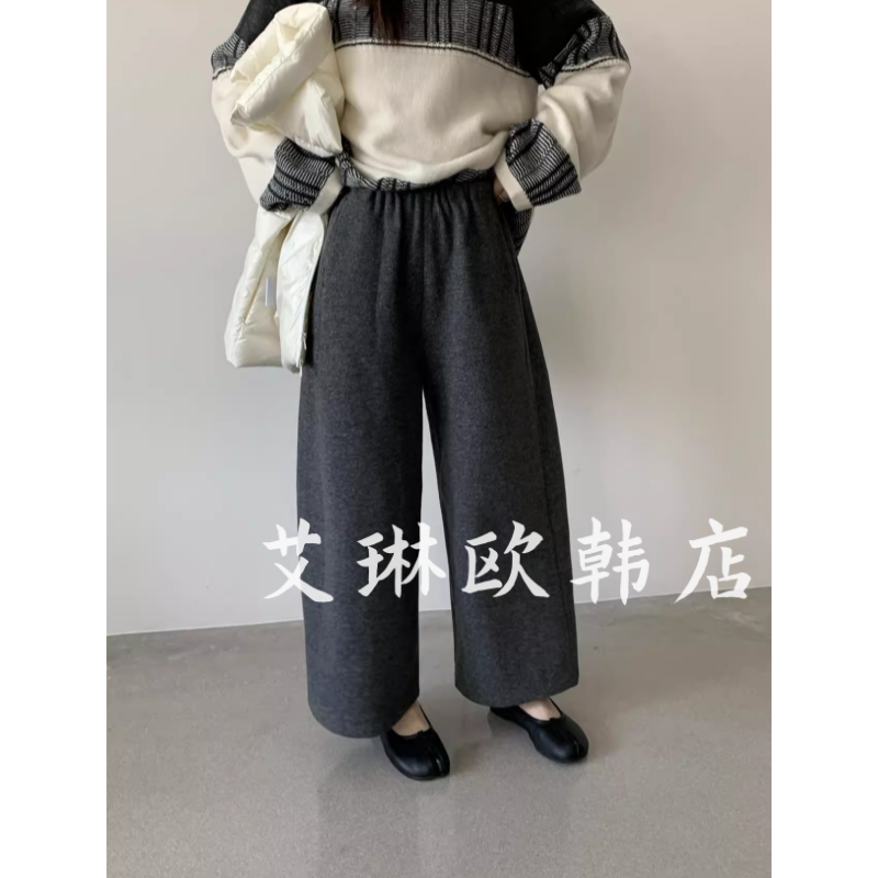 10595松紧腰加绒毛呢阔腿裤