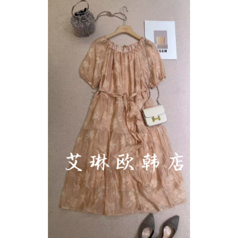 福利不退6128夏装欧货复古配腰带系带短袖印花天丝中长款连衣裙