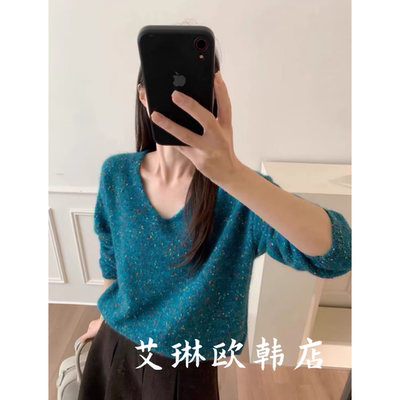 7269欧货冬款V领花纱毛衣女百搭