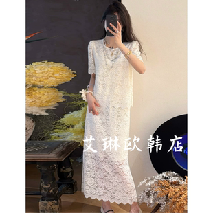 特价不退柏1839夏装新款小香风蕾丝镂空短上衣袖+半身裙两件套女