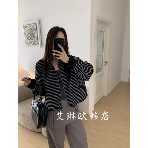 米鹿69182秋款立领条纹宽松外套