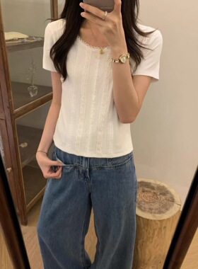 特价不退米鹿miluroom9137夏装蕾丝花边拼接修身显瘦百搭短袖T恤