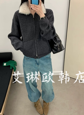 禁止机洗~6283冬装新款欧货毛毛翻领双拉链100绵羊毛针织开衫毛衣