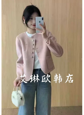 3.8~5012春装新款小香风圆领100澳洲超细羊毛双面羊绒大衣外套女