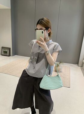 卡蔓诗KMS30995韩系领结复古格子小飞袖衬衫女2026夏季减龄上衣