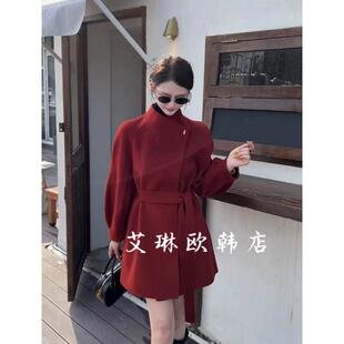 福利8319冬气质立领灯笼袖系腰带10羊驼90羊毛双面羊绒大衣外套