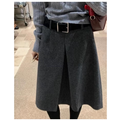 福利不退土布鱼7221冬季配腰带韩系百搭中长款加厚毛呢A字半身裙