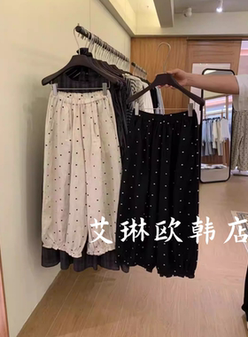 ouur sicily米鹿620~夏款韩系松紧腰波点刺绣木耳边亚麻灯笼裤女