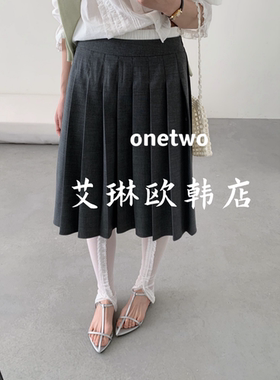 2.27~onetwo15068春季新款韩系简约高腰显瘦A字百褶裙半身裙女