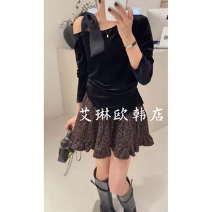 福利不退土布鱼7087秋季新款韩系飘带露肩丝绒褶皱衬衫气质上衣