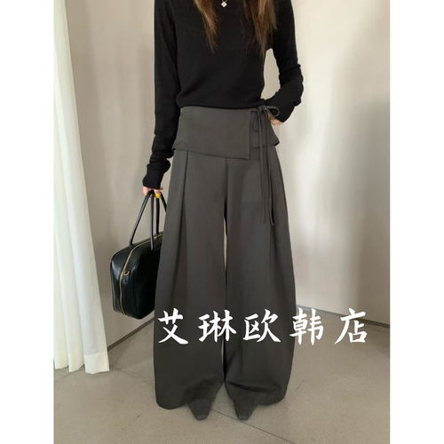 83611假两件系带屁帘阔腿休闲裤