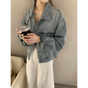 休闲风翻领烫钻满天星牛仔短外套女百搭夹克衫 TOP6796春款 3.21