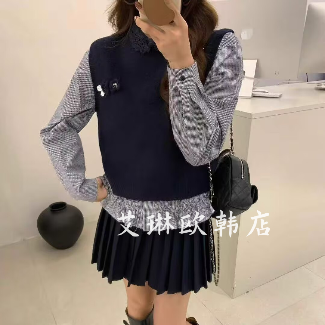 X.XIU新袖89138秋款韩系蕾丝娃娃领木耳边格子衬衫针织马甲套装女