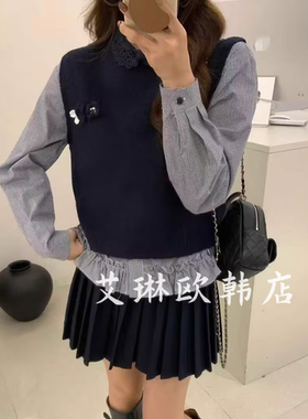 X.XIU新袖89138秋款韩系蕾丝娃娃领木耳边格子衬衫针织马甲套装女